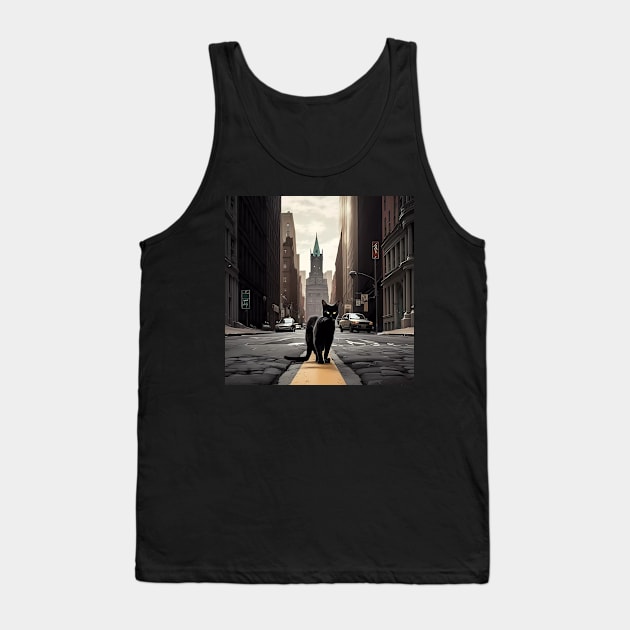 Digital art, Black Cat walking down a street in the city Sticker Tank Top by MeatLuvers